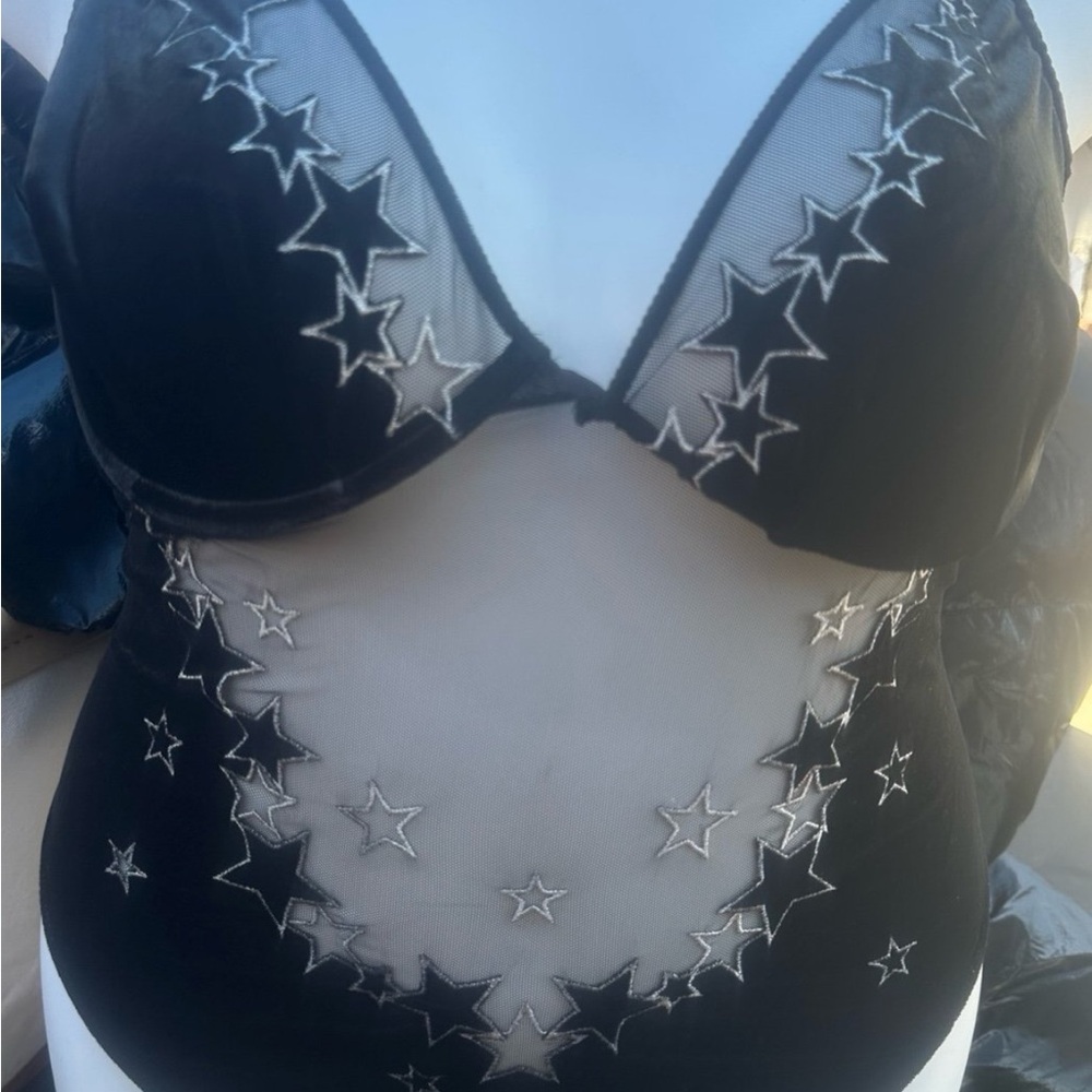 Victoria’s Secret Black Sheer Bodysuit with Star Embroidery